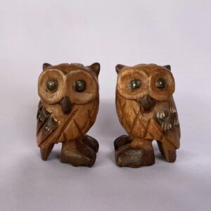 Pair Owls carved wood (C4101)