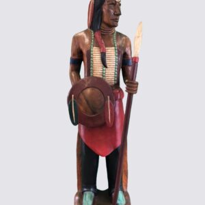 INDIAN MAN HOLDING SPEAR AND SHIELD CARVED WOOD DECORATION 80" (C3NO70)