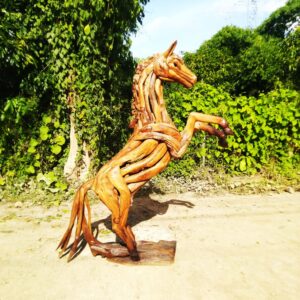 Jumping horse drift wood sculpture with lacquered (C5041)
