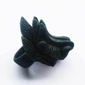 Green black jade carved dragon head ring (cube shape) (C5069)
